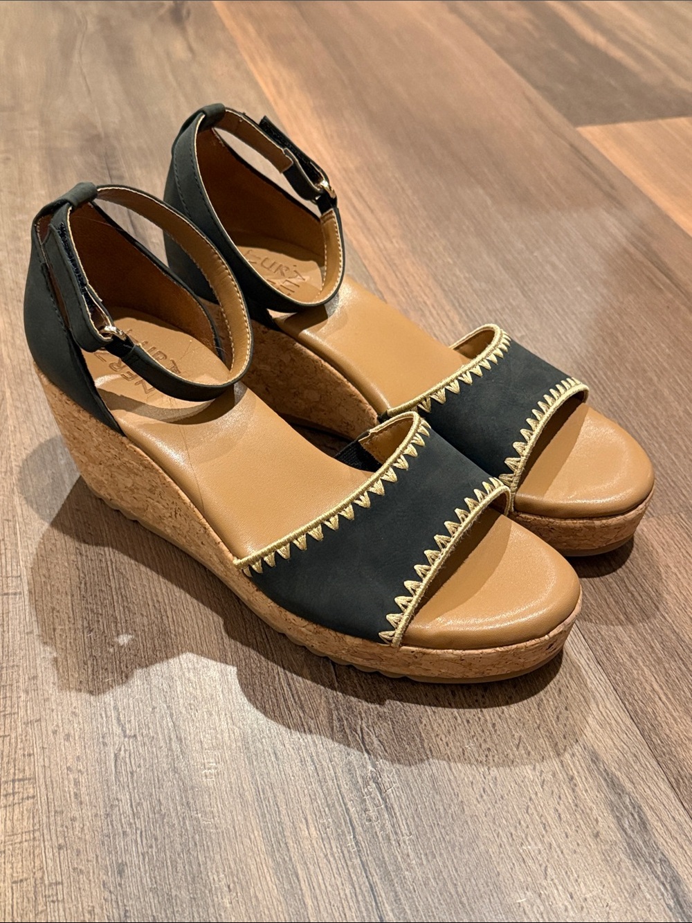 Naturalizer Black Ankle-Strap Cork Wedge Sandals
